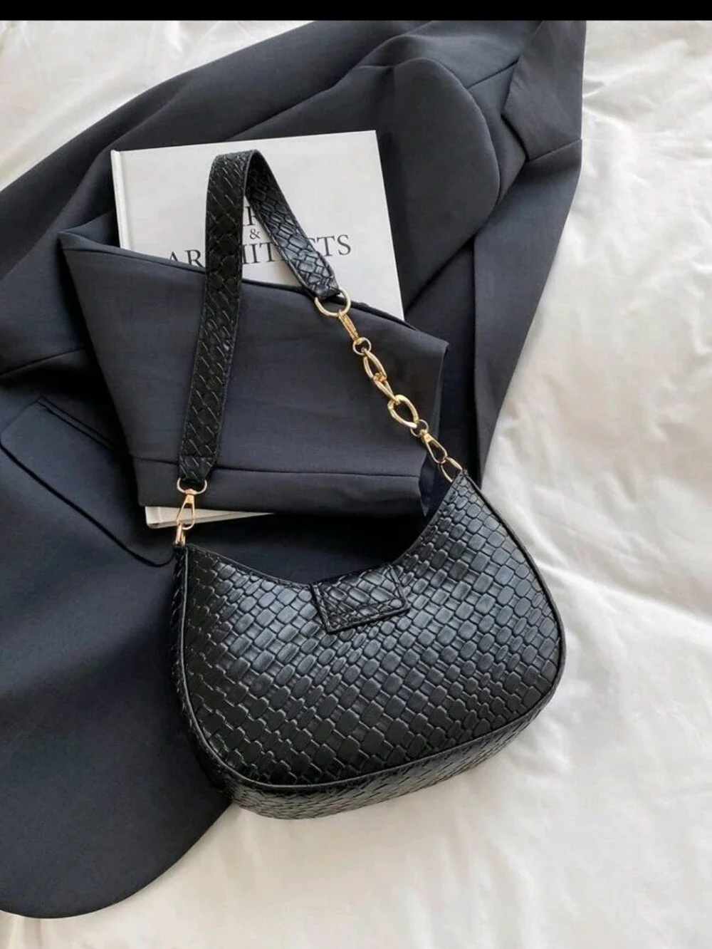 BRAND NEW ** Black Woven Shoulder Bag with Gold Hardware